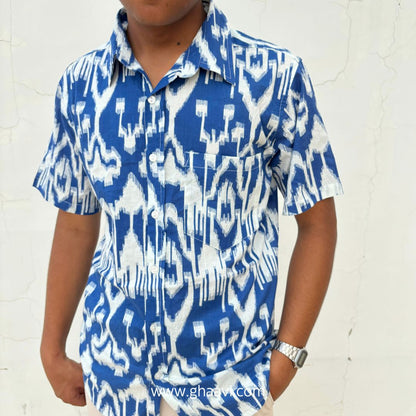 Navy Ikat Short Sleeve Shirt for men - GHAAVI.