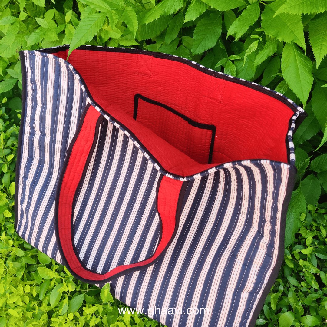 Navy Striped Cotton Tote Bag - GHAAVI.