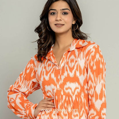 Orange Ikat Cotton Tier Dress - GHAAVI.