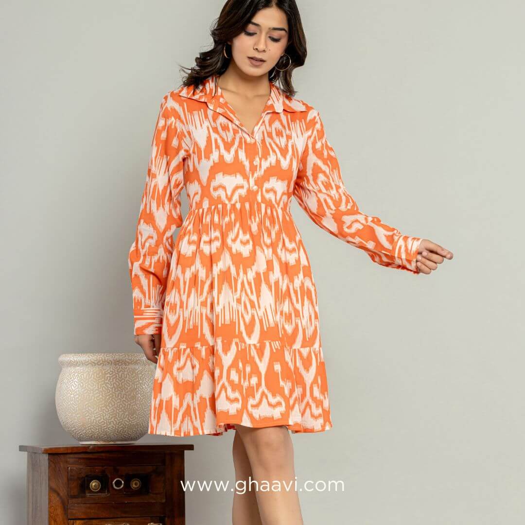 Orange Ikat Cotton Tier Dress - GHAAVI.