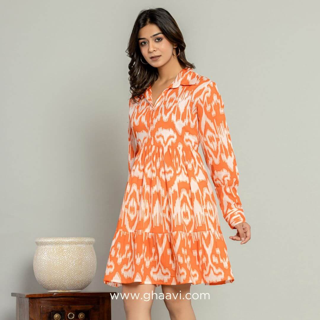 Orange Ikat Cotton Tier Dress - GHAAVI.