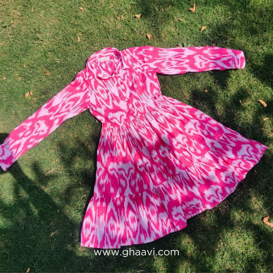 Peachy Pink Ikat Cotton Tier Dress - GHAAVI.