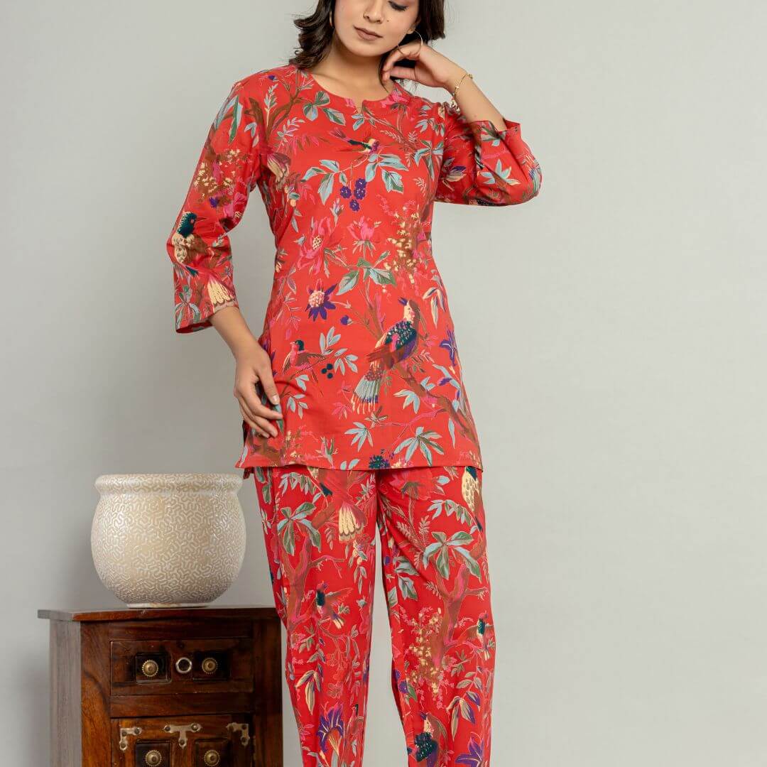 Red bird paradise Lounge wear set - GHAAVI.