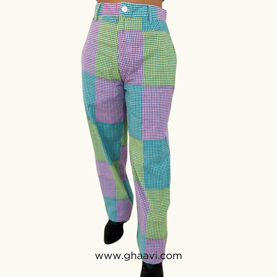 Surmaya Aqua Check Cotton straight Pants - GHAAVI.