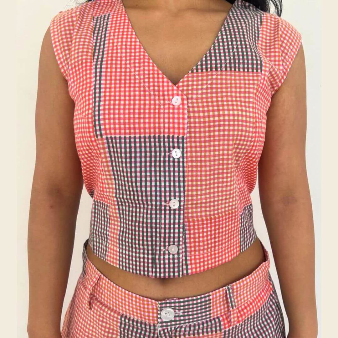 Surmaya Red Check Cotton fitted Waist Coat - GHAAVI.