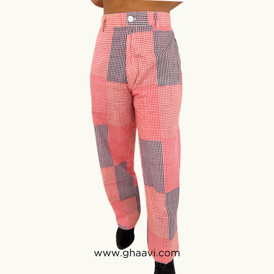 Surmaya Red Check Cotton straight Pants - GHAAVI.