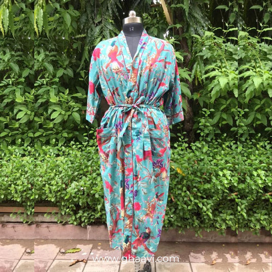 Teal Bird Print Cotton Bathrobe - GHAAVI.