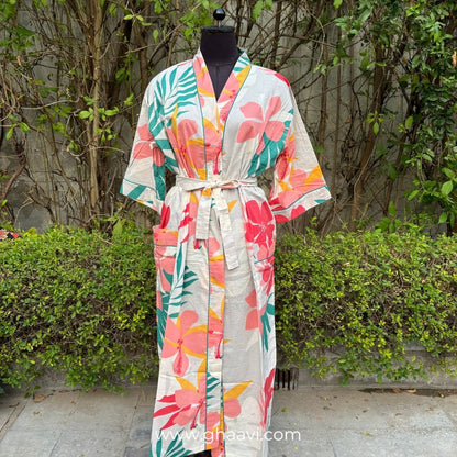 White Big Floral Cotton Bathrobe - GHAAVI.