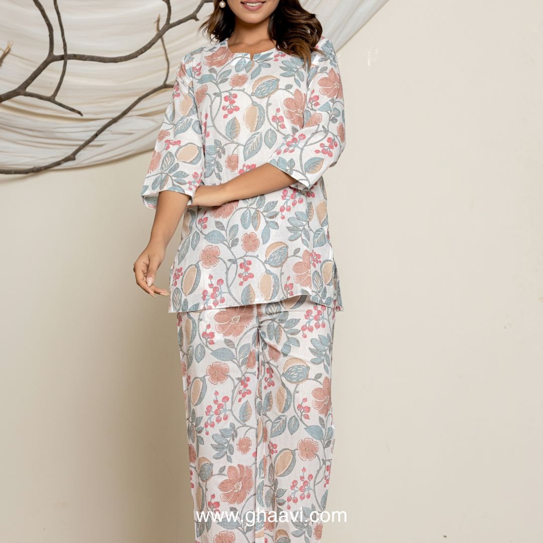 White Floral print lounge wear set - GHAAVI.