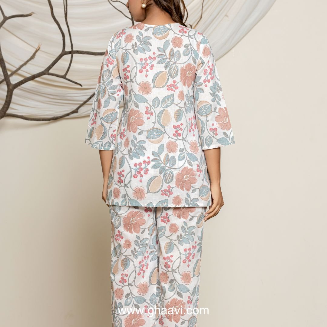 White Floral print lounge wear set - GHAAVI.