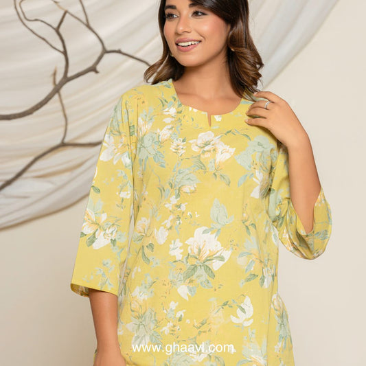 Yellow Leafy Print Lounge wear set - GHAAVI.