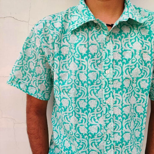 Aqua Hand Block Print Short Sleeves Cotton Shirt - GHAAVI.