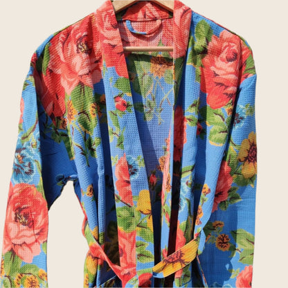 Blue Big Fower Unisex waffle Bathrobe - GHAAVI.