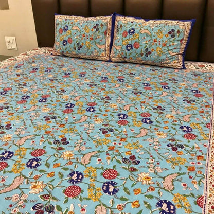 Blue Dream Hand Block Print Bedsheet set - GHAAVI.