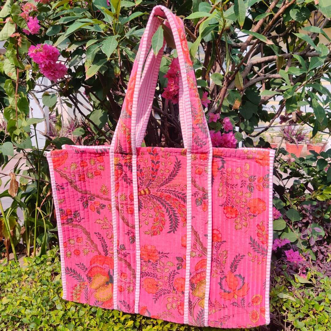 Bright Pink Cotton Velvet Quilted Tote Bag - GHAAVI.