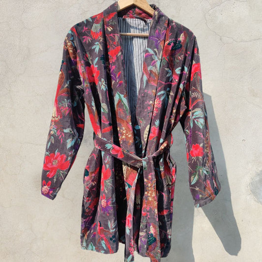 Dark Grey Bird paradise Short Velvet Unisex Robe - GHAAVI.