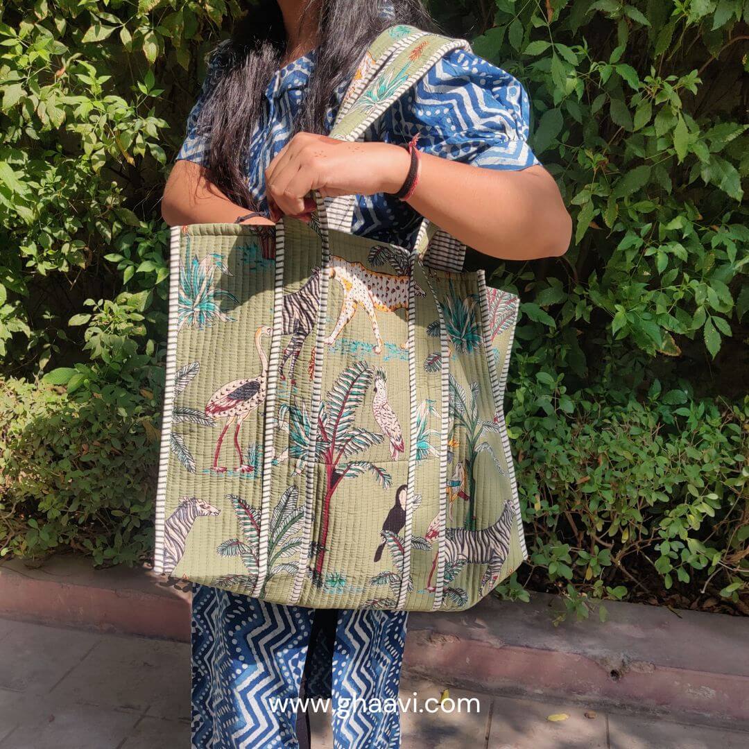 Green Jungle Cotton Quilted Tote Bag - GHAAVI.