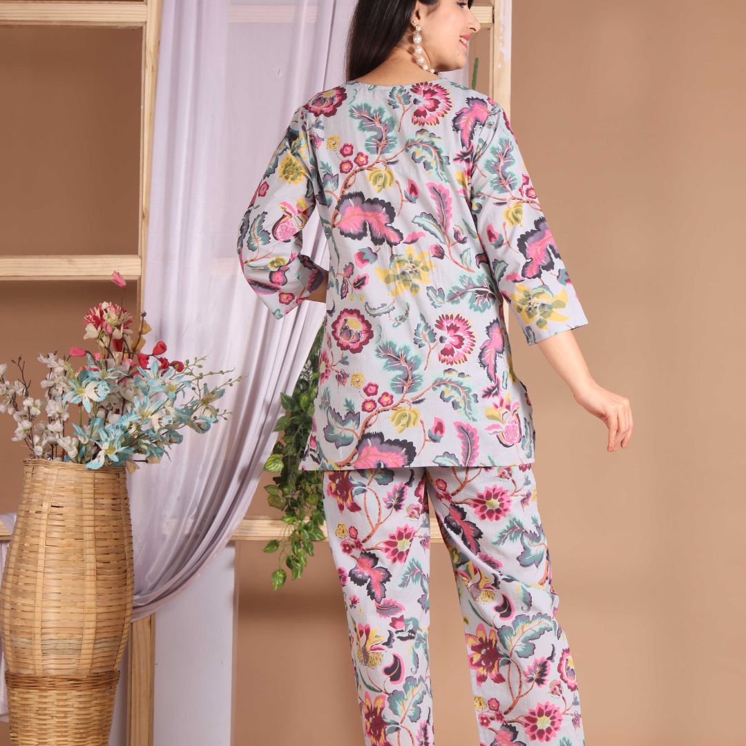 Grey Poppy Floral lounge wear set - GHAAVI.