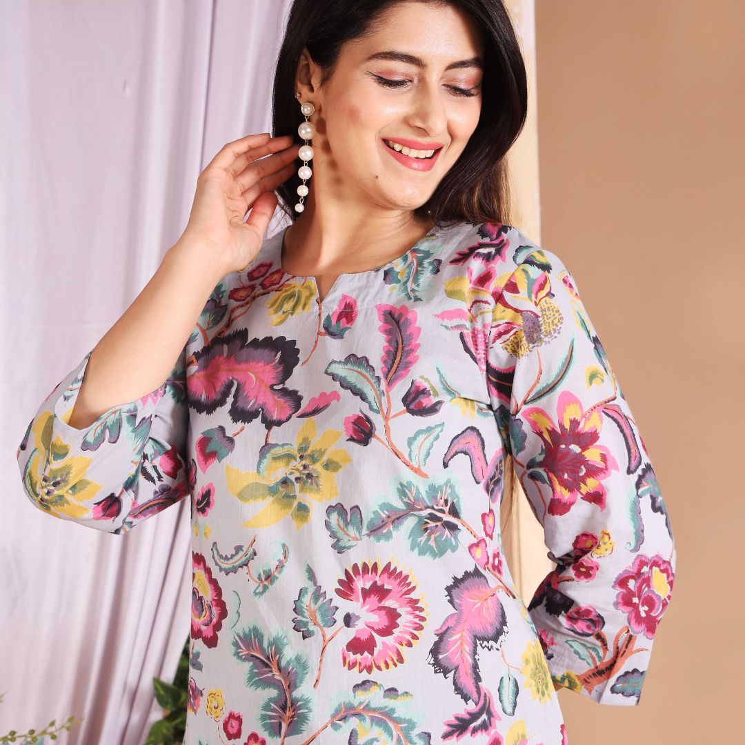 Grey Poppy Floral lounge wear set - GHAAVI.