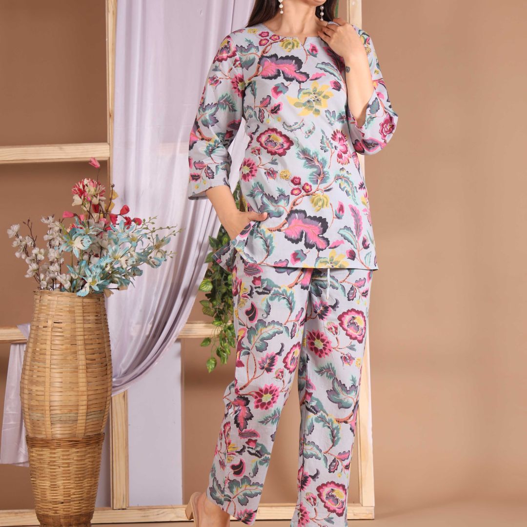 Grey Poppy Floral lounge wear set - GHAAVI.