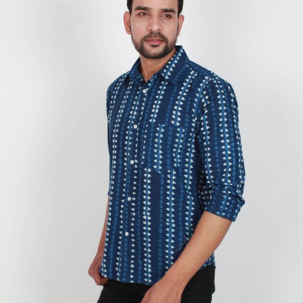 Indigo Print Full Sleeves Cotton Shirt - GHAAVI.