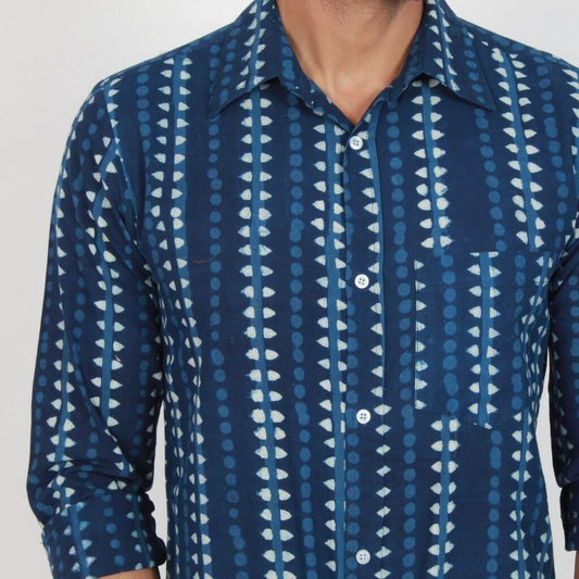 Indigo Print Full Sleeves Cotton Shirt - GHAAVI.
