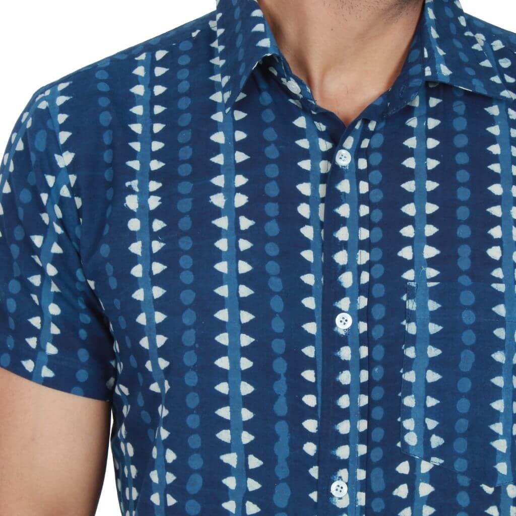 Indigo Print Short Sleeves Cotton Shirt - GHAAVI.