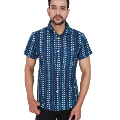 Indigo Print Short Sleeves Cotton Shirt - GHAAVI.