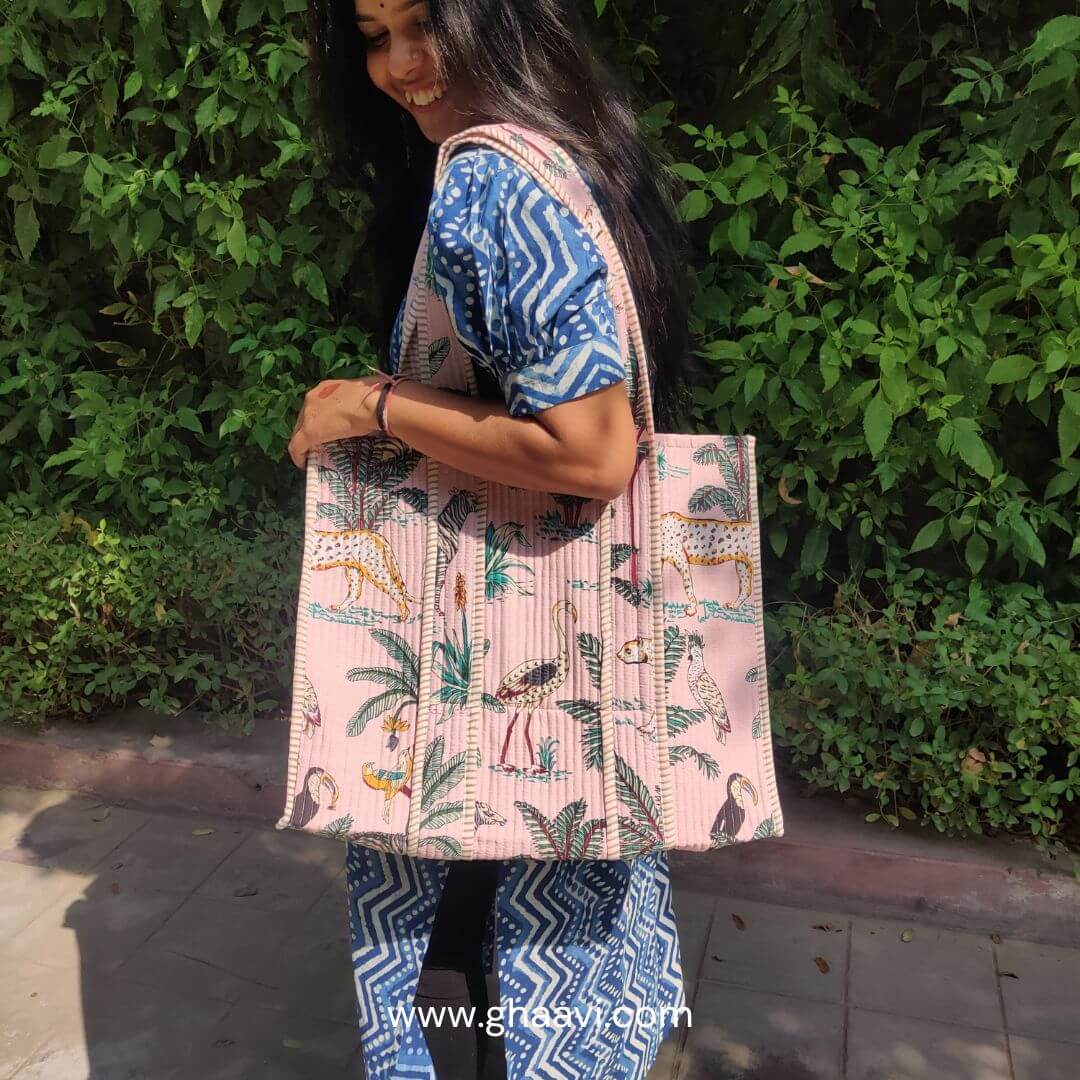 Jungle Cotton Quilted Tote Bag - GHAAVI.