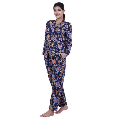 Navy Floral Printed Cotton Night suit - GHAAVI.