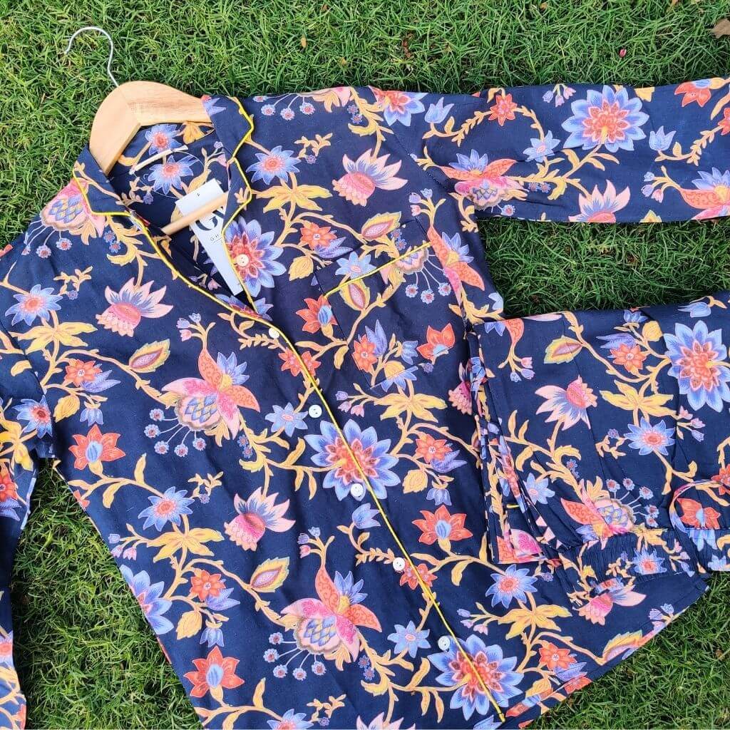 Navy Floral Printed Cotton Night suit - GHAAVI.
