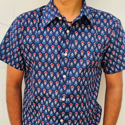 Navy Hand Block Printed Short Sleeves Cotton Shirt - GHAAVI.