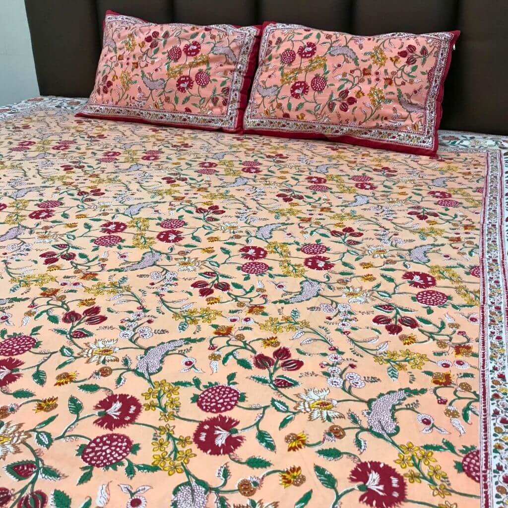 Orange Dream Hand Block Print Bedsheet set - GHAAVI.