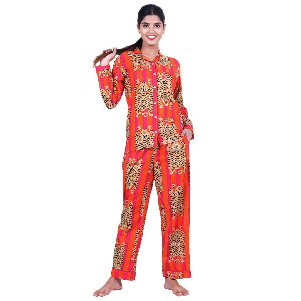 Orange & Pink Tiger Printed Cotton Night suit - GHAAVI.