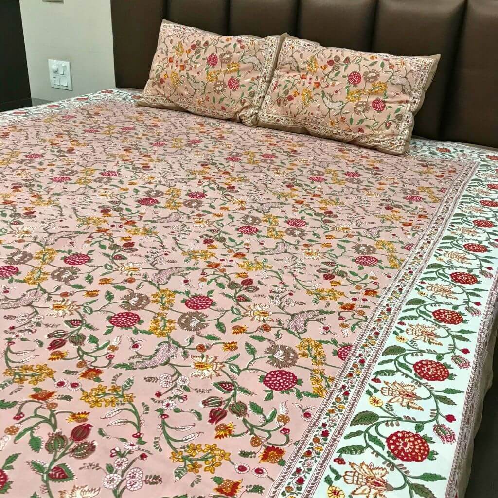 Pink Dream Hand Block Print Bedsheet set - GHAAVI.