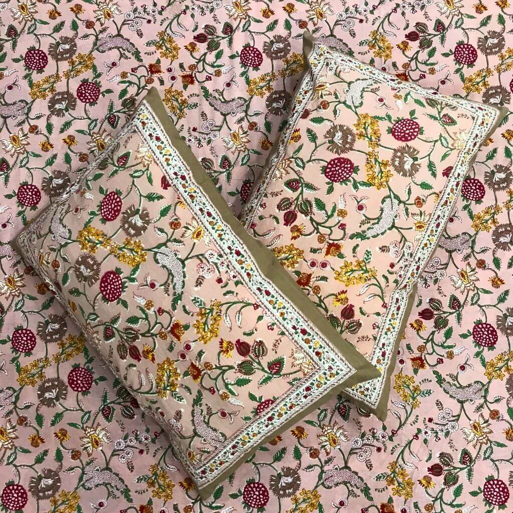 Pink Dream Hand Block Print Bedsheet set - GHAAVI.