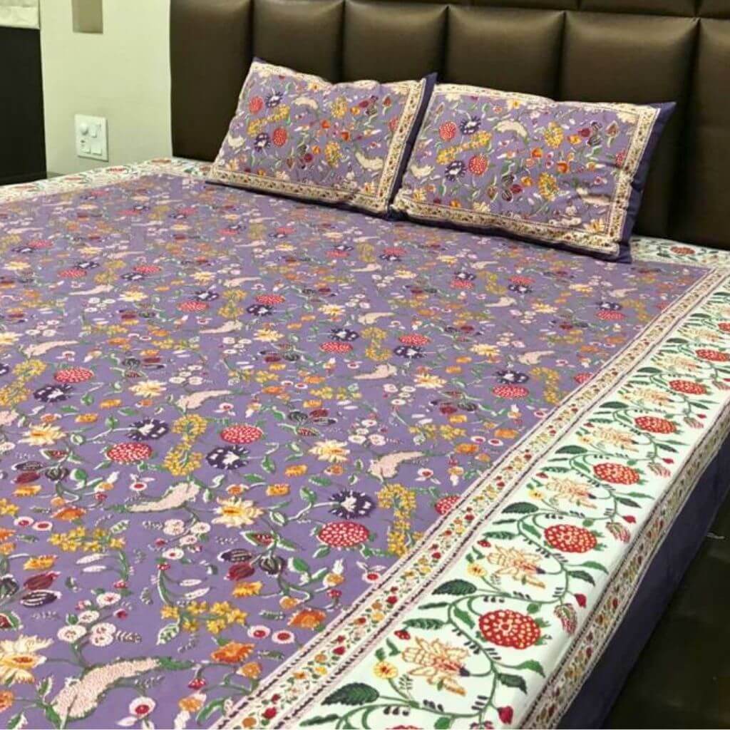 Purple Dream Hand Block Print Bedsheet set - GHAAVI.