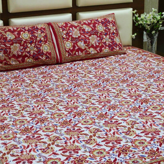 Red Floral Print Bedsheet set - GHAAVI.