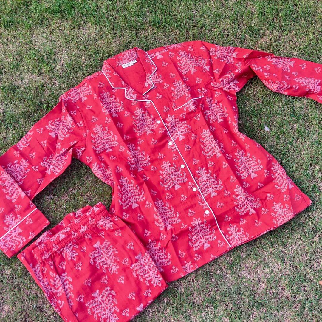 Red Ikat Printed Night suit - GHAAVI.