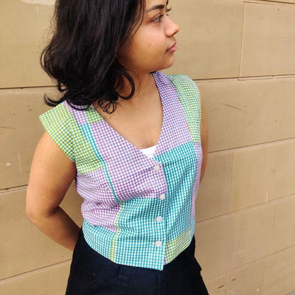 Surmaya Aqua Check Cotton fitted Waist coat - GHAAVI.