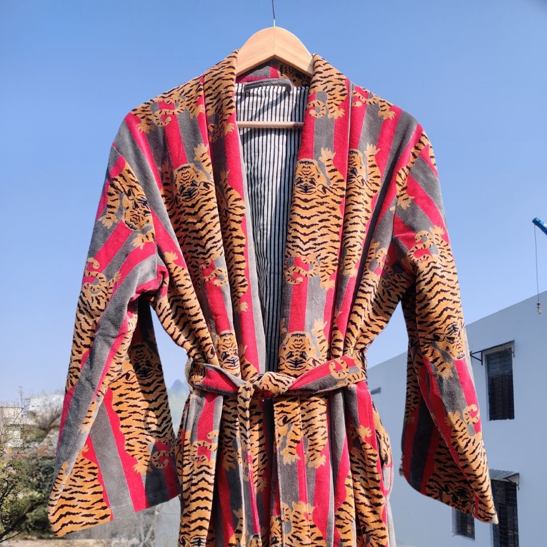 Tiger with stripes Short Velvet Unisex Robe - GHAAVI.