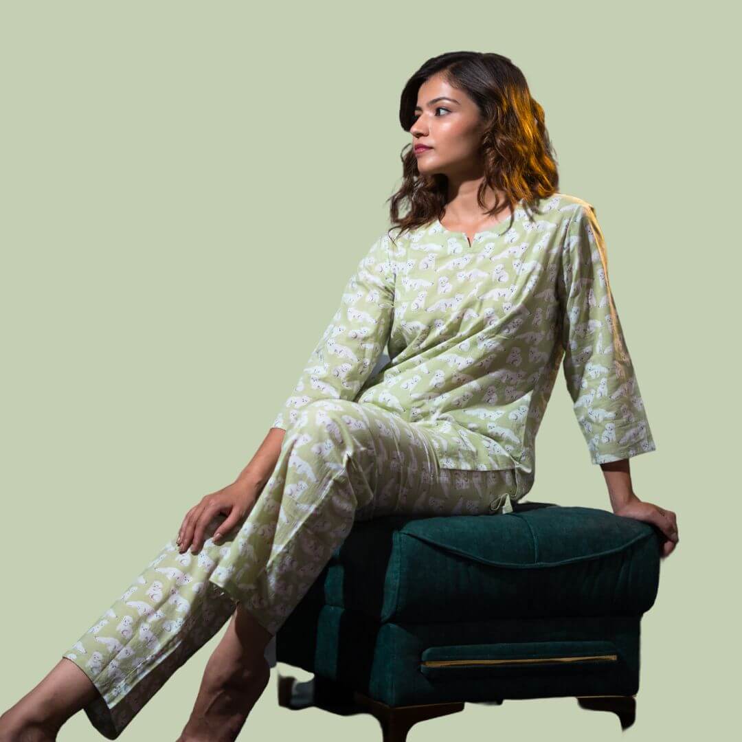 White Dog Print on Green Loungewear set - GHAAVI.