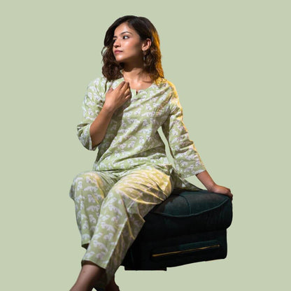 White Dog Print on Green Loungewear set - GHAAVI.