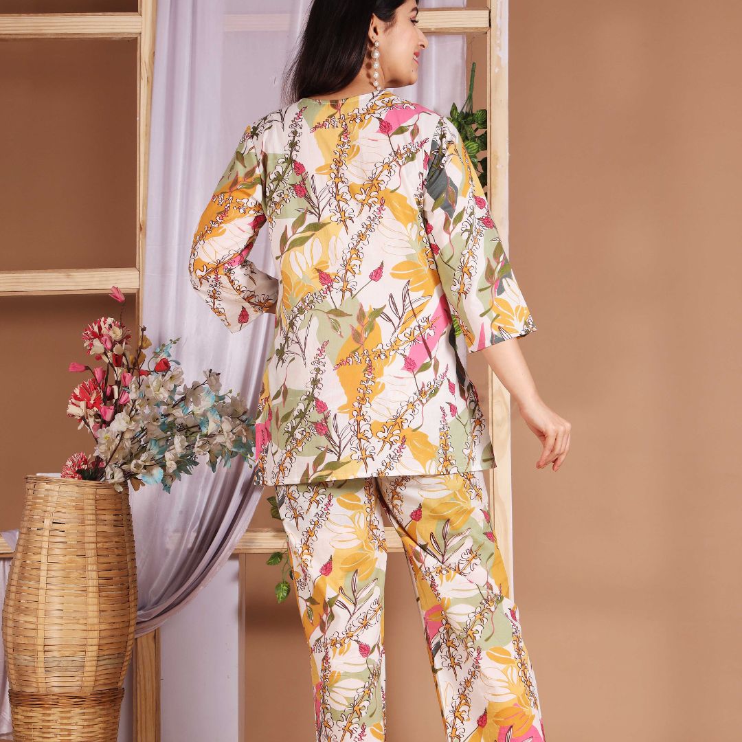 White Floral abstract Lounge wear set - GHAAVI.