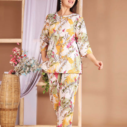 White Floral abstract Lounge wear set - GHAAVI.