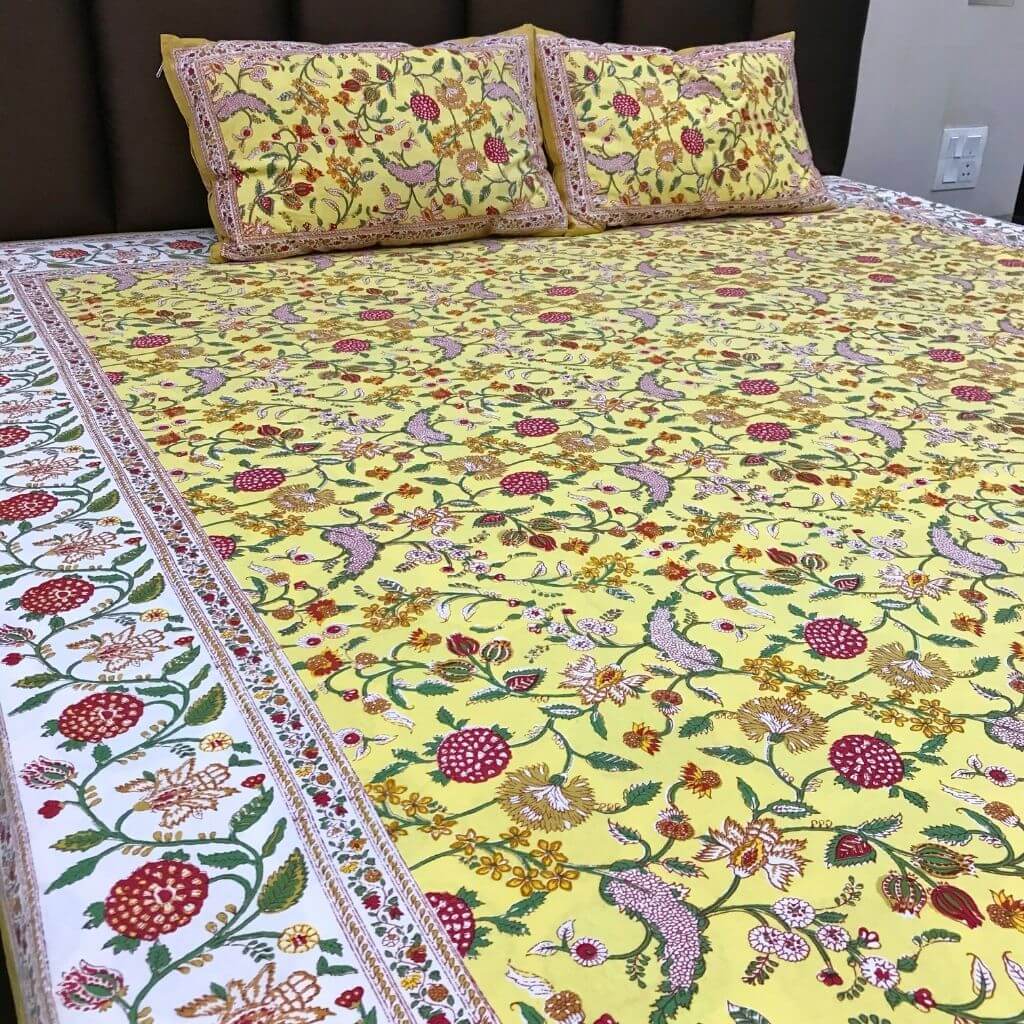 Yellow Dream Hand Block Print Bedsheet set - GHAAVI.