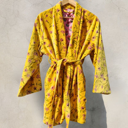 Yellow lilies Short Velvet Unisex Robe - GHAAVI.