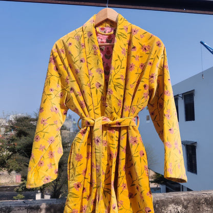 Yellow lilies Short Velvet Unisex Robe - GHAAVI.